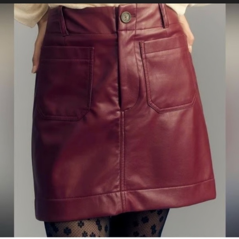 Anthropologie Maeve Burgandy Faux Leather Colette Mini Skirt